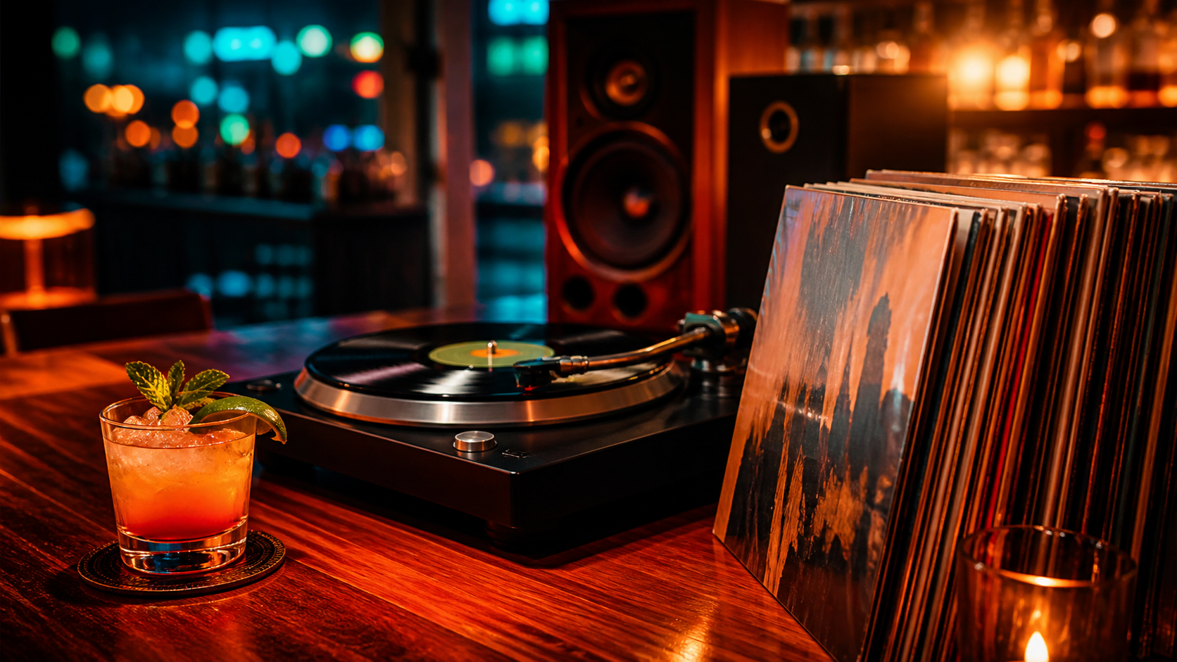 レコードとカクテルを楽しみながら音楽を聴くバーの夜のイメージ